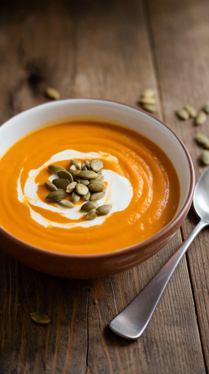 Creamy butternut squash soup garnished with yogurt and pumpkin seeds on a rustic table.